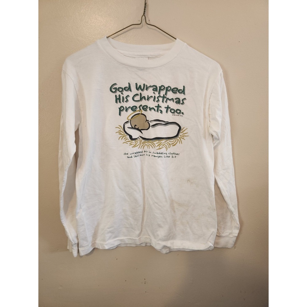 Vintage Girls Size Large White Long Sleeve Christian Shirt 1998 Luke 2:7